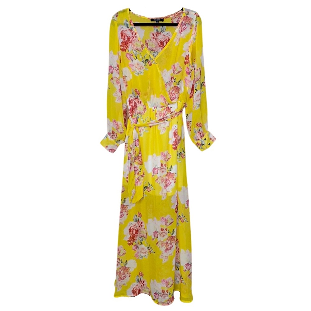 Ups & Downs Floral Long Sleeve Dress - Yellow - Size L